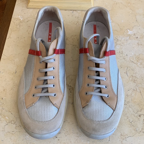 Prada sneakers. Size 10.5. Tan and silver mesh/suede with red detailing - Picture 2 of 9